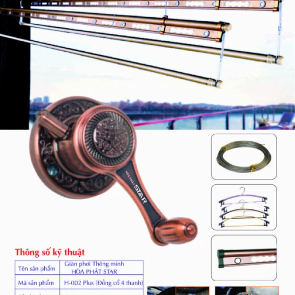 Giàn Phơi Gắn Trần Hòa Phát H-002 ĐỒNG CỔ 4 THANH