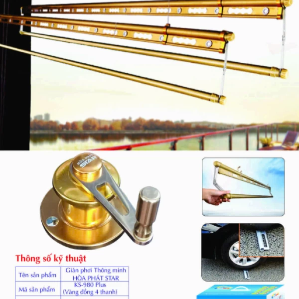 Giàn Phơi Gắn Trần Hòa Phát KS-980 PLUS VÀNG ĐỒNG 4 THANH