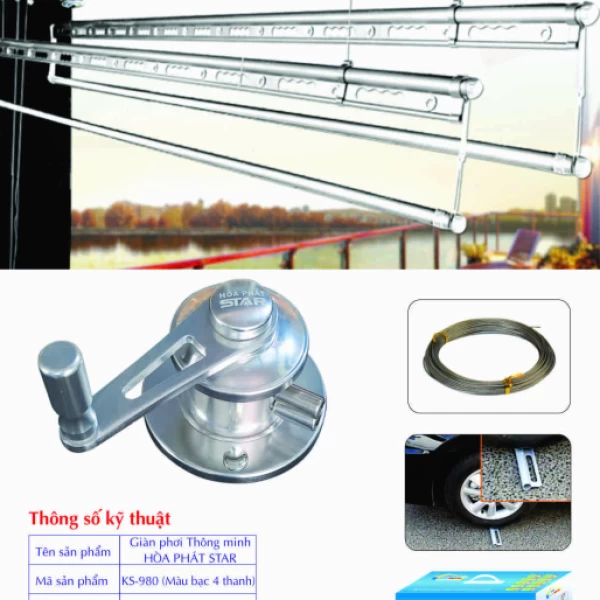 Giàn Phơi Gắn Trần Hòa Phát KS-980 MÀU BẠC 4 THANH