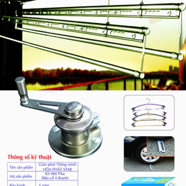 Giàn Phơi Gắn Trần Hòa Phát KS-980 PLUS RÊU CỔ 4 THANH