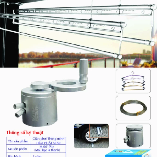 Giàn Phơi Gắn Trần Hòa Phát H-001 PLUS MÀU BẠC 4 THANH
