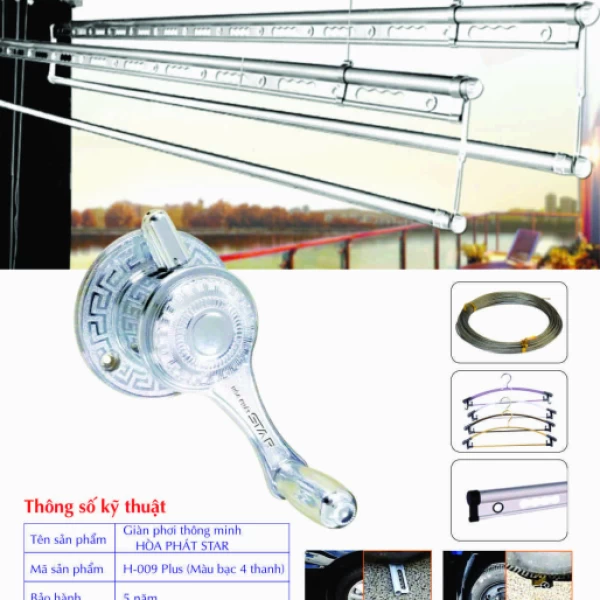 Giàn Phơi Gắn Trần Hòa Phát H-009 PLUS MÀU BẠC 4 THANH
