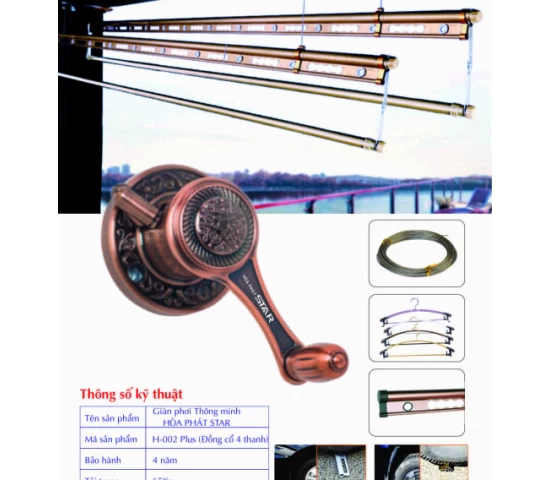 Giàn Phơi Gắn Trần Hòa Phát H-002 ĐỒNG CỔ 4 THANH