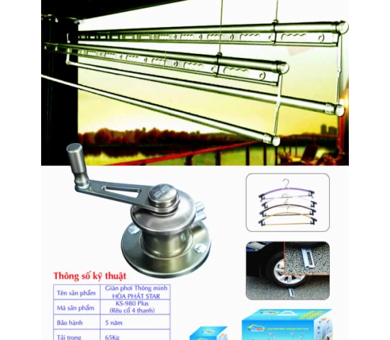 Giàn Phơi Gắn Trần Hòa Phát KS-980 PLUS RÊU CỔ 4 THANH