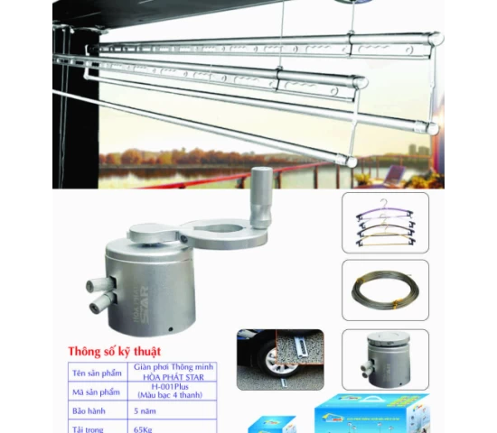 Giàn Phơi Gắn Trần Hòa Phát H-001 PLUS MÀU BẠC 4 THANH
